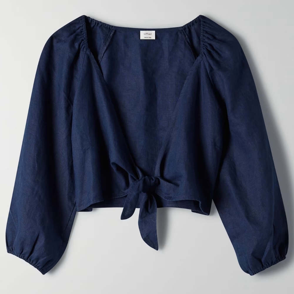 Aritzia Tenley Boho Tie Front Top – Navy Blue Linen Blend